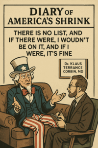 Read more about the article DIARY OF AMERICA’S SHRINK #10: “There Is No List, And If There Were, I Wouldn’t Be On It…”